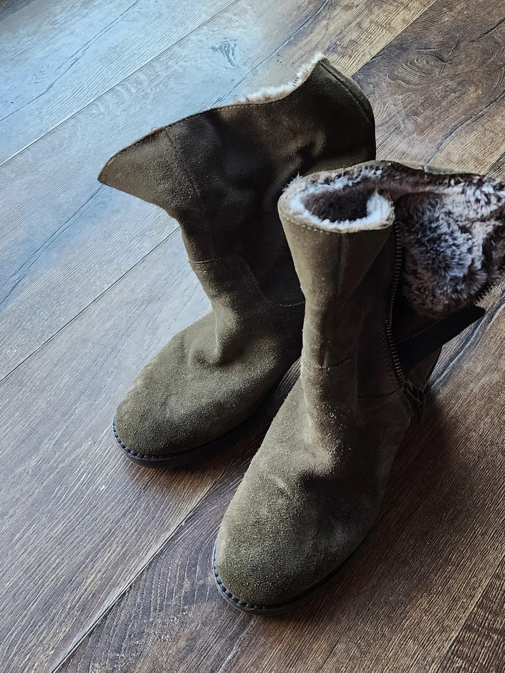 Faux-Suede Faux-Fur Lined Winter Ankle Boots — Olive